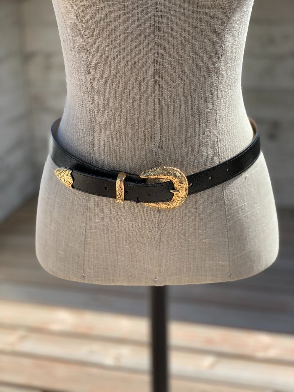 Vintage Black Leather Belt with Gold Western Buckle